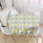 - MasaYuv-8492-Gorsel1 - Realhomes Beyaz Zeminli Renkli Yaprak Desenli Dijital Baskılı Modern Yuvarlak Masa Örtüsü - Çap 140cm Realhomes