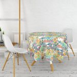 - MasaYuv-8492-Gorsel2 - Realhomes Beyaz Zeminli Renkli Yaprak Desenli Dijital Baskılı Modern Yuvarlak Masa Örtüsü - Çap 140cm Realhomes