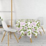 - MasaYuv-8495-Gorsel2 - Realhomes Beyaz Zemin Üzerinde Yeşil Yapraklı Çiçek Desenli Modern Yuvarlak Masa Örtüsü - Çap 140cm Realhomes