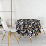 Siyah Zeminli Renkli Yaprak Desenli Dijital Baskılı Modern Yuvarlak Masa Örtüsü - Çap 140cm Realhomes
