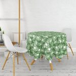 Beyaz Zemin Üzerinde Yeşil Yaprak Desenli Yuvarlak Masa Örtüsü - Çap 140cm Realhomes