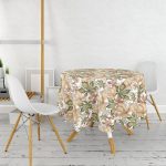 - MasaYuv-8505-Gorsel2 - Realhomes  Beyaz Zeminli Sonbahar Yaprak Desenli Dijital Baskılı Modern Yuvarlak Masa Örtüsü - Çap 140cm Realhomes