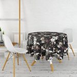 Siyah Zeminli Beyaz Çiçek Desenli Dijital Baskılı Modern Yuvarlak Masa Örtüsü - Çap 140cm Realhomes