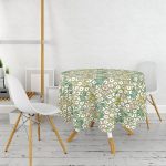 Beyaz Zemin Üzerinde Yeşil Puantiyeli Yaprak Desenli Yuvarlak Masa Örtüsü - Çap 140cm Realhomes