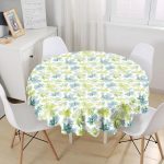 Beyaz Zemin Üzerinde Yeşil Renkli Yaprak Desenli Modern Yuvarlak Masa Örtüsü - Çap 140cm Realhomes