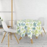 Beyaz Zemin Üzerinde Yeşil Renkli Yaprak Desenli Modern Yuvarlak Masa Örtüsü - Çap 140cm Realhomes