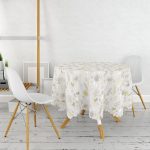 - MasaYuv-8554-Gorsel2 - Realhomes  Renkli Zemin Üzerinde Yaprak Desenli Dijital Baskılı Modern Yuvarlak Masa Örtüsü - Çap 140cm Realhomes