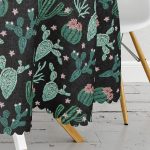 - MasaYuv-8555-Gorsel3 - Realhomes Siyah Zemin Üzerinde Yeşil Kaktüs Desenli Yuvarlak Masa Örtüsü - Çap 140cm Realhomes