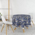 - MasaYuv-8573-Gorsel2 - Realhomes Mavi Zemin Üzerinde Gold Detaylı Yaprak Desenli Modern Yuvarlak Masa Örtüsü - Çap 140cm Realhomes