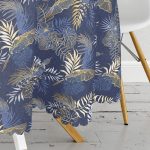 - MasaYuv-8573-Gorsel3 - Realhomes Mavi Zemin Üzerinde Gold Detaylı Yaprak Desenli Modern Yuvarlak Masa Örtüsü - Çap 140cm Realhomes