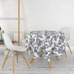 - MasaYuv-8574-Gorsel2 - Realhomes Beyaz Zemin Üzerinde Gold Detaylı Yaprak Desenli Modern Yuvarlak Masa Örtüsü - Çap 140cm Realhomes