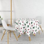 Beyaz Zemin Üzerinde Ekoseli Çamağacı Desenli Dijital Baskılı Modern Yuvarlak Masa Örtüsü - Çap 140cm Realhomes