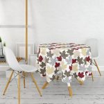 Beyaz Zeminli Ekoseli Yaprak Desenli Dijital Baskılı Modern Yuvarlak Masa Örtüsü - Çap 140cm Realhomes