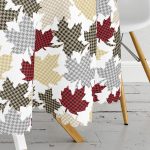 Beyaz Zeminli Ekoseli Yaprak Desenli Dijital Baskılı Modern Yuvarlak Masa Örtüsü - Çap 140cm Realhomes