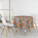 Siyah Beyaz Ekose Üzerinde Renkli Balkabağı Desenli Yuvarlak Masa Örtüsü - Çap 140cm Realhomes