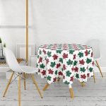 Beyaz Zemin Üzerinde Ekoseli Sonbahar Yaprak Desenli Yuvarlak Masa Örtüsü - Çap 140cm Realhomes