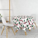 - MasaYuv-8646-Gorsel2 - Realhomes Beyaz Zemin Üzerinde Çam Ağaçli Ekoseli Geyik Motifli Yuvarlak Masa Örtüsü - Çap 140cm Realhomes