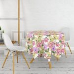 - MasaYuv-8655-Gorsel2 - Realhomes  Beyaz Zemin Üzerinde Çiçek Desenli Dijital Baskılı Modern Yuvarlak Masa Örtüsü - Çap 140cm Realhomes