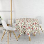 Beyaz Zemin Üzerinde Çiçek Desenli Dijital Baskılı Modern Yuvarlak Masa Örtüsü - Çap 140cm Realhomes