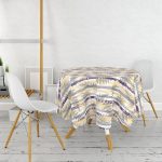 - MasaYuv-8667-Gorsel2 - Realhomes Beyaz Zemin Üzerinde Renkli Çizgili Yaprak Desenli Modern Yuvarlak Masa Örtüsü - Çap 140cm Realhomes