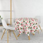 Beyaz Zemin Üzerinde Yılbaşı Desenli Kırmızı Tostos Yuvarlak Masa Örtüsü - Çap 140cm Realhomes