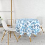 Beyaz Zeminli Mavi Renkli Deniz Otu Dijital Baskılı Modern Yuvarlak Masa Örtüsü - Çap 140cm Realhomes