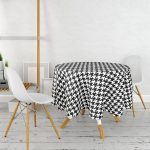Beyaz Zeminli Siyah Ekose Desenli Dijital Baskılı Modern Yuvarlak Masa Örtüsü - Çap 140cm Realhomes