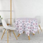 - MasaYuv-8695-Gorsel2 - Realhomes  Beyaz Zeminli Renkli Kelebek Desenli Dijital Baskılı Modern Yuvarlak Masa Örtüsü - Çap 140cm Realhomes