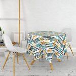 - MasaYuv-8698-Gorsel2 - Realhomes  Beyaz Zemin Üzerinde Siyah Çizgili Renkli Yaprak Desenli Yuvarlak Masa Örtüsü - Çap 140cm Realhomes