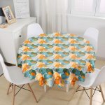 - MasaYuv-8701-Gorsel1 - Realhomes  Renkli Zemin Üzerinde Onedraw Çizimli Yaprak Desenli Yuvarlak Masa Örtüsü - Çap 140cm Realhomes