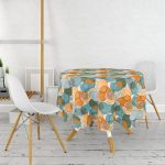 - MasaYuv-8701-Gorsel2 - Realhomes  Renkli Zemin Üzerinde Onedraw Çizimli Yaprak Desenli Yuvarlak Masa Örtüsü - Çap 140cm Realhomes