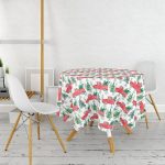 Beyaz Zemin Üzerinde Çamağacı Desenli Dijital Baskılı Modern Yuvarlak Masa Örtüsü - Çap 140cm Realhomes