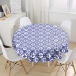 - MasaYuv-8750-Gorsel1 - Realhomes Beyaz Zemin Üzerinde Çini Desenli Dijital Baskılı Modern Yuvarlak Masa Örtüsü - Çap 140cm Realhomes
