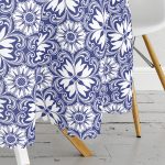 - MasaYuv-8750-Gorsel3 - Realhomes Beyaz Zemin Üzerinde Çini Desenli Dijital Baskılı Modern Yuvarlak Masa Örtüsü - Çap 140cm Realhomes