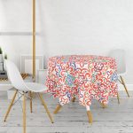 - MasaYuv-8765-Gorsel2 - Realhomes  Beyaz Zemin Üzerinde Çini Desenli Dijital Baskılı Modern Yuvarlak Masa Örtüsü - Çap 140cm Realhomes