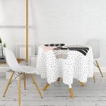 Beyaz Zemin Üzerinde Siyah Puantiyeli Kaktüs Desenli Yuvarlak Masa Örtüsü - Çap 140cm Realhomes