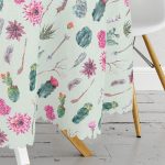 Renkli Zemin Üzerinde Kaktüs Desenli Dijital Baskılı Modern Yuvarlak Masa Örtüsü - Çap 140cm Realhomes