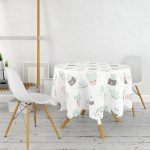 - MasaYuv-8864-Gorsel2 - Realhomes  Beyaz Zemin Üzerinde Kaktüs Desenli Dijital Baskılı Modern Yuvarlak Masa Örtüsü - Çap 140cm Realhomes
