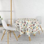 Renkli Zeminli Sevimli Kaktüs Desenli Dijital Baskılı Modern Yuvarlak Masa Örtüsü - Çap 140cm Realhomes