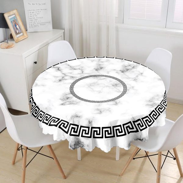Modern Siyah Beyaz Geometrik Mermer Desenli Altın Çizgili Yuvarlak Masa Örtüsü - Çap 140cm Realhomes