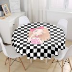 - MasaYuv-9296-Gorsel1 - Realhomes  Dama Zeminli Pancakeli Kız Desenli Dijital Baskılı Modern Yuvarlak Masa Örtüsü - Çap 140cm Realhomes