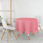 - MasaYuv-9394-Gorsel2 - Realhomes  Kırmızı Geometrik Çizimli Dijital Baskılı Modern Yuvarlak Masa Örtüsü - Çap 140cm Realhomes