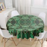 - MasaYuv-Real212-Gorsel1 - Realhomes  Yeşil Zemin Gold Detaylı Geometrik Tasarımlı Yuvarlak Masa Örtüsü - Çap 140cm Realhomes