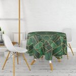 - MasaYuv-Real212-Gorsel2 - Realhomes  Yeşil Zemin Gold Detaylı Geometrik Tasarımlı Yuvarlak Masa Örtüsü - Çap 140cm Realhomes