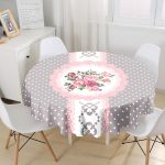 Gri Zemin Puantiyeli Gül Tasarımlı Yuvarlak Masa Örtüsü - Çap 140cm Realhomes
