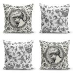 - Rh-K4luset739-Gorsel1 - Realhomes 4'lü Beyaz Zemin Etnik Kara Kalem Çizimli Dijital Baskılı Modern Kırlent Kılıfı Seti Realhomes