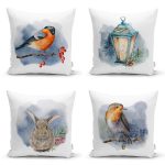 4'lü Beyaz Zemin Suluboya Üzerinde Hayvan Tasarımlı Dijital Baskılı Modern Kırlent Kılıfı Seti Realhomes