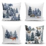 4'lü Özel Tasarım Geyikler & Çam Ağacı Motifli Dijital Baskılı Modern Kırlent Kılıfı Seti Realhomes