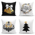 - Rh-K4luset750-Gorsel1 - Realhomes  4'lü Siyah Beyaz Gold Detaylı Mery Christmas Temalı Dijital Baskılı Modern Kırlent Kılıfı Seti Realhomes