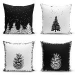 - Rh-K4luset754-Gorsel1 - Realhomes  4'lü Siyah Beyaz Çam Ağacı & Kozalak Tasarımlı Dijital Baskılı Modern Kırlent Kılıfı Seti Realhomes